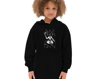 May include: Black hooded sweatshirt with a white graphic print of a goat-like figure with wings and horns. The figure is holding a crescent moon in one hand and has a pentagram on its chest.