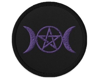 May include: Purple embroidered triple moon and pentagram symbol on a black circular patch.