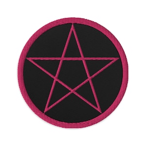 May include: A pink pentagram embroidered on a black circular patch.
