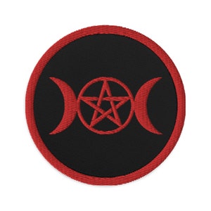 May include: Red embroidered patch with a pentagram and triple moon symbol on a black background.
