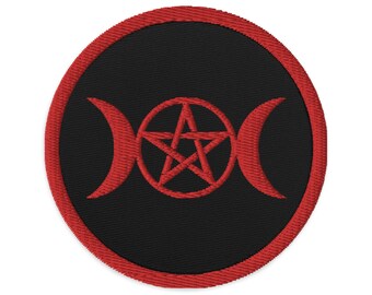 May include: Red embroidered patch with a pentagram and triple moon symbol on a black background.