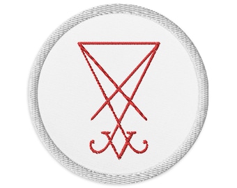 Parche bordado con el sello de Lucifer, blanco y rojo