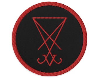 Parche bordado con el sello de Lucifer, rojo y negro