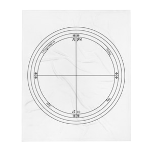 Peut inclure: Un fond blanc avec un cercle noir contenant quatre cercles concentriques. Le cercle extérieur porte le texte "Tetragrammaton" et "Adonai". Le cercle suivant porte le texte "Alpha" et "Omega". Le cercle intérieur porte le texte "Et ω". Le centre du cercle a quatre croix noires.