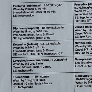Può includere: Un foglio di carta bianco con un grafico in bianco e nero che elenca diversi farmaci e i loro dosaggi, istruzioni di sospensione, tempi di insorgenza, durata degli effetti e effetti collaterali. Il grafico è intitolato "ICU Drip Cheat Sheet".