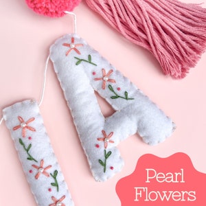 Personalised Name Garland - Embroidered Flowers | Girl's Room Wall Hanging | Baby Shower Gift Banner | First Birthday Photo Shoot Backdrop