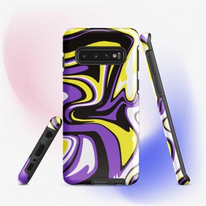 May include: A set of three phone cases with a swirling abstract design in yellow, purple, black, and white. The cases are shown from different angles, highlighting the design on the front and sides.