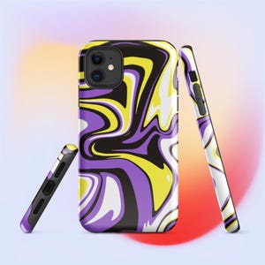 May include: Three phone cases with a swirling abstract pattern in black, yellow, white, and purple. The cases are displayed at different angles, showcasing the design and the phone's camera and buttons.