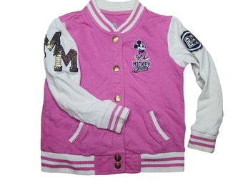 Disney Parks Kids Pink Snap Button Embroidered Varsity Jacket Size Xs