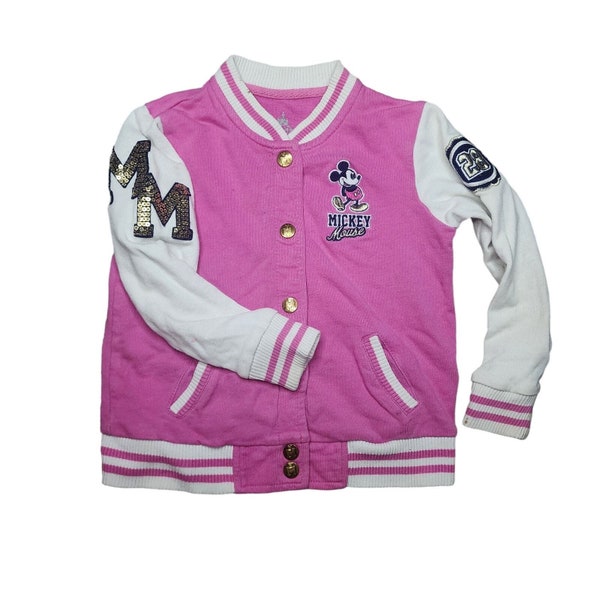 Disney Parks Kids Pink Snap Button Embroidered Varsity Jacket Size Xs