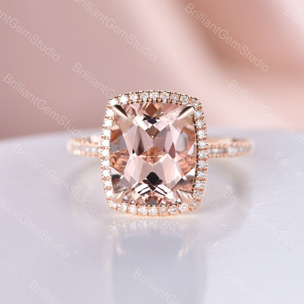 10mm Cushion Cut Morganite Engagement Ring Rose Gold Morganite Wedding Ring Pink Gemstone Art Deco Stacking Matching Band Bridal Rings Gold