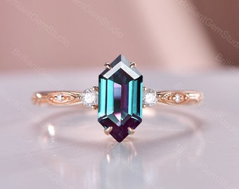 Gothic Long Hexagon Alexandrite Engagement Ring With Rose Gold Finish Unique Rhodium Alexandrite Promise Bridal Wedding Ring gift for her