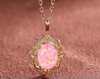 Rose Gold Pink Opal Anhänger Halskette: Sterling Silber Carved Palace Schmuck