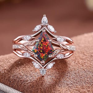 Art Deco Red Fire Opal Engagement Ring Set: Moissanite Sterling Silver Bridal Jewelry