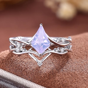 Vintage kite cut Lavender Amethyst engagement ring white gold art deco cluster leaf nature inspired moss agate bridal wedding ring set women