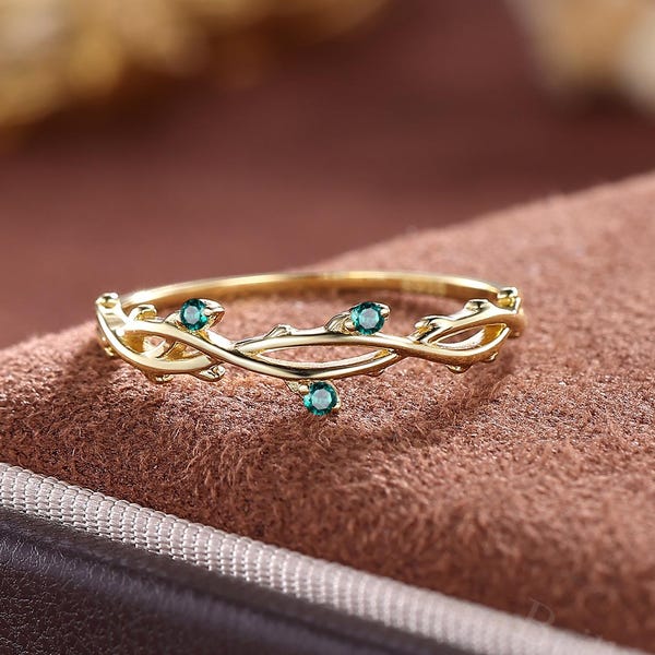 Anel de casamento com esmeralda verde, anel com folha de inspiração natural, anel para presente de aniversário, anel delicado para noivas, anel com pedra do mês de maio