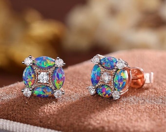 Art Deco Marquise Blue Opal Earrings: 925 Sterling Silver Cluster Studs