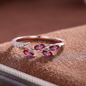 Garnet Cluster Wedding Band Unique Marquise Garnet Wedding Band Vintage Moissanite Ring Solid Rose Gold Ring Vintage Women Anniversary Gift