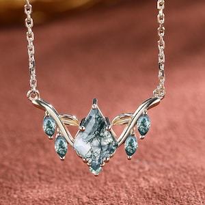 Nature Inspired Kite-Cut Moss Agate Necklace with Marquise Leaf Accents, Natural Inspired Leaf Charm Necklace Jewelry Birthday Gift For Her