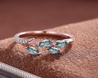 Moss Agate Wedding Band: Rose Gold Leaf Vine Ring, Marquise Alexandrite & Moissanite