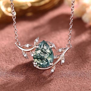 Pear Shaped Moss Agate Pendant Necklace Rose Gold Vine Twig Pendant Necklace for Women Bridal Jewelry Anniversary Promise Gift for Women