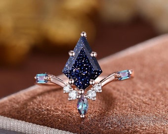 Galaxy Blue Sandstone Engagement Ring Silver Rose Gold Blue Sandstone Ring Planet Ring Geometric Ring Color Changed Alexandrite Birthstone