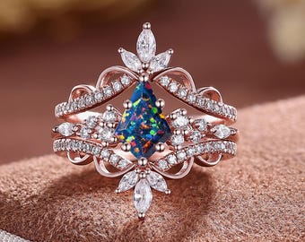 Art Deco Black Fire Opal Engagement Ring Set: Sterling Silver Bridal Jewelry