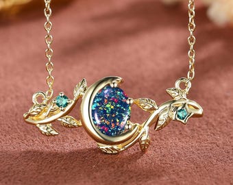 Art Deco Black Fire Opal Pendant: Emerald Leaf 14k Gold Necklace