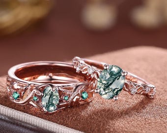 Nesta Moss Agate Couples Ring Set, His and Hers Rose Gold Wedding