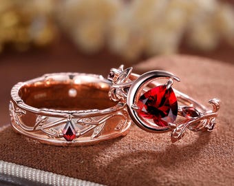 Rose Gold Garnet Couples Ring Set: Botanical Moon Wedding Bands