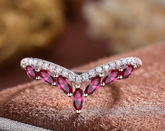 Rose Gold Ruby Stacking Ring: Marquise Red Gemstone, July Birthstone