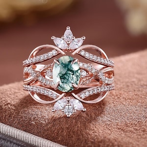 Moss Agate Engagement Ring Set Vintage Rose Gold Diamond Wedding Bands Women Green Agate Wedding Ring Set Promise Anniversary Gift For Her