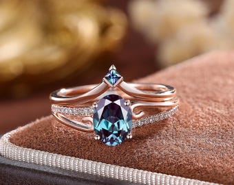 Vintage Alexadnrite Engagement Ring Set,Silver Oval June Birthstone Ring,Eternity Moissanite Wedding Ring, Amethyst Stack Wedding Ring Gift