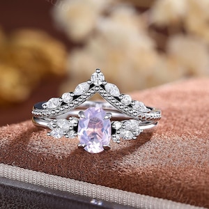 Vintage oval cut Lavender Amethyst engagement ring white gold art deco cluster leaf nature inspired Moissanite bridal wedding ring set women