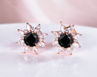 Black Onyx Halo Earrings: Rose Gold Moissanite, Sterling Silver Jewelry