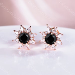 Cluster HALO Black Onyx Earrings Rose Gold Moissanite Halo Earrings Silver Earrings Snowflake Dainty Galaxy Gemstone Jewelry Anniversary