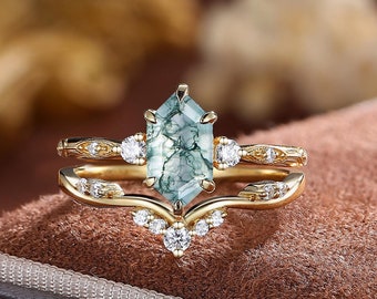 Vintage Moss Agate Engagement Ring: Green Hexagon, Moissanite, Rose Gold