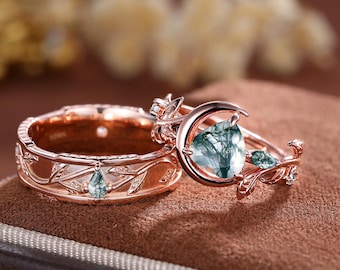 Moss Agate Couples Ring Set: 14K Rose Gold His & Hers Wedding Bands
