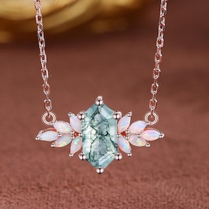 Moss Agate Hexagon Pendant Necklace: Rose Gold Opal Cluster