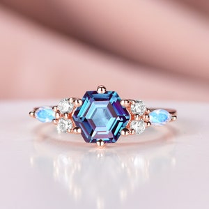 Hexagon Cut Alexandrite Engagement Ring Rose Gold Vintage Unique Marquise moonstone engagement ring art deco Diamond wedding ring for women