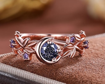 Rose Gold Blue Sandstone Ring: Galaxy Moon Star Amethyst Bridal Set