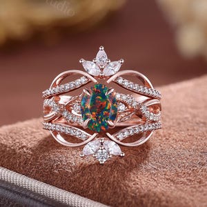 Vintage Black Fire Opal Engagement Ring Set Unique Oval Opal Women Ring Set Rose Gold Moissanite  Ring Set Anniversary Wedding Gifts for Her