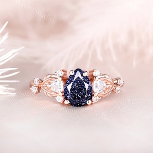 Pear Shaped Blue Sandstone Engagement Ring 14K Rose Gold Leaf Style Moissanite Ring Unique Art Deco Bridal Ring Nature Inspired Wedding Ring