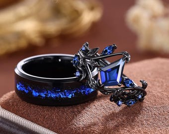 Blue Sapphire & Diamond Gold Leaf Couples Ring Set His and Hers