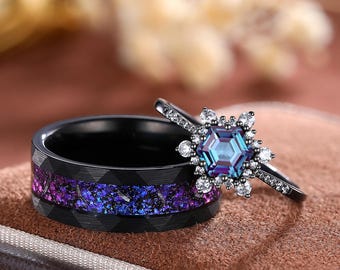Couples Alexandrite Ring Set: Black Gold & Tungsten Nebula Wedding Bands