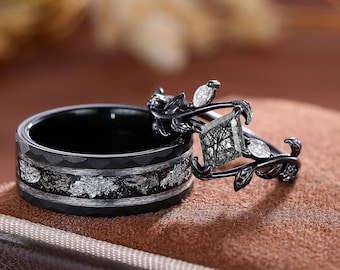 Black Rutilated Quartz Ring Set: Hammered Tungsten & Black Gold Wedding Bands