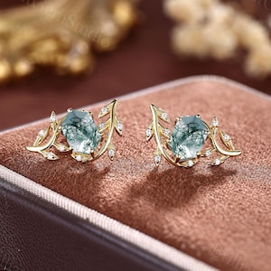 Twig Vine Moss Agate Studs Earrings Yellow Gold Long Hexagon Green Agate Earrings Women Unique Studs Dainty Promise Anniversary Gift for Her