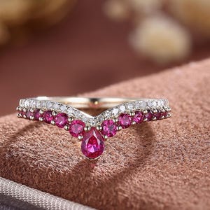 14K Rose Gold Ruby Wedding Band: V Curved Half Eternity Ring