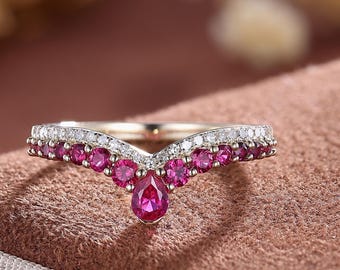 14K Rose Gold Ruby Wedding Band: V Curved Half Eternity Ring