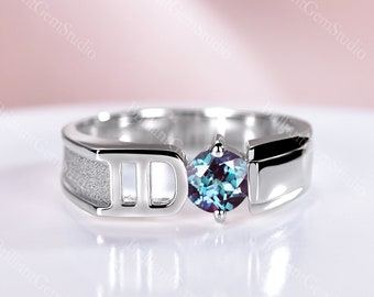 Antique men's ring color change alexandrite engagement ring white gold alexandrite ring silver vintage unique wedding ring band promise ring